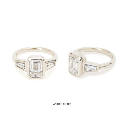 Bezel Set Emerald Lab Grown Diamond Trilogy Ring